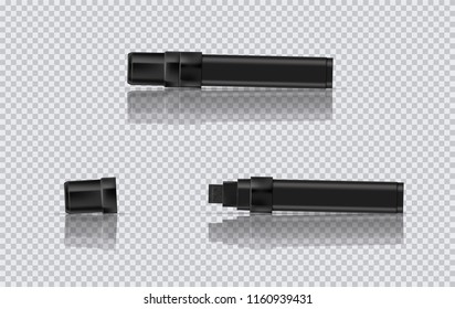 Black marker realistic vector illustration. Broad marker with reflection and shadow on transparent background. EPS 10