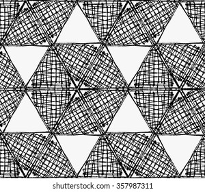 Black marker scribbled hexagons in row.Free hand drawn with ink brush seamless background. Abstract texture. Modern irregular tilable design.