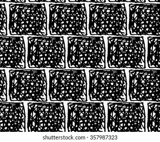 Black marker scribbled squares.Free hand drawn with ink brush seamless background. Abstract texture. Modern irregular tilable design.