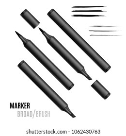 Black marker set. Double-sided realistic marker.