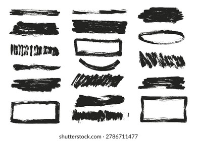 Black marker stains grunge set. Handwriting scribble stroke, underline graphite textures. Brush signs and crayon drawing neoteric vector elements