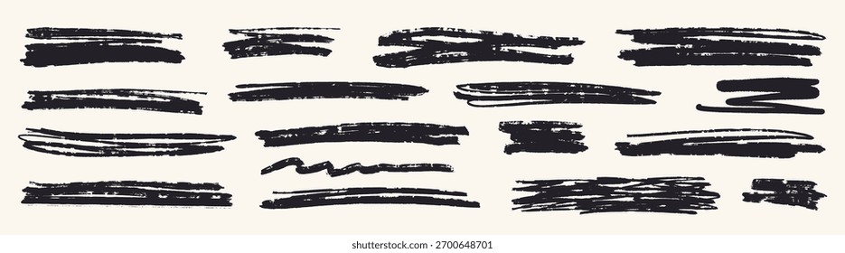 Schwarze Markierungsstriche erzeugen einen strukturierten Grunge-Effekt auf hellem Hintergrund. Verschiedene Breiten und Längen zeigen künstlerischen Stil und Vielseitigkeit in der Markenherstellung.