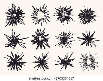 Las texturas de marcador negro con un estilo grunge muestran patrones variados de estallido estelar. Ideal para su uso en proyectos de arte, fondos o Elementos de diseño. Mezcla de líneas única y llamativa.