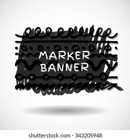 Black markers strokes banner with pattern brush for your design. Hand drawn marker strokes. Vector grunge spot isolated on white background.  Design element for backdrop for logos, banners and other