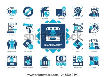 Black Market icon set. Illegal, Contraband, Money Laundering, Trade, Unofficial, Goods, Weapon, Drugs. Duotone color solid icons