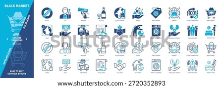 Black Market icon set. Illegal, Black Economy, Money Laundering, Alcohol, Prostitution, Contraband, Weapon, Drugs. Duotone color solid and editable outline icons