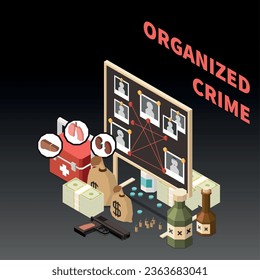 Black market isometric colored concept with organized crime description and different tools equipment and items for the crime vector illustration