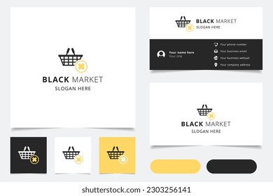 Schwarzes Marktlogo-Design mit bearbeitbarem Slogan. Branding-Buch- und Visitenkartenvorlage.