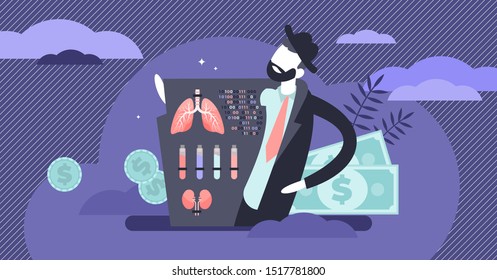 Black market vector illustration. Flat tiny illegal products purchase person concept. Crime to sell inner human organs for transplant trafficking. Dirty project dealer activity in digital dark web.