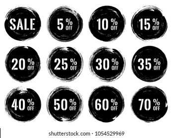 Black marketing banners for sale vector collection. Advertising banners with circle shape borders, frames, brush stroke background. Sale label, 50 percent off special offer tags, advert signs design. 