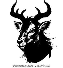 Black markhor face vector Illustration, graphic. Stylized goat, deer vector for logo.