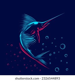 Black marlin logo with colorful neon line art design with dark background. Abstract underwater animal vector illustration.