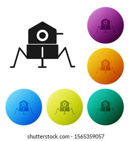 Black Mars rover icon isolated on white background. Space rover. Moonwalker sign. Apparatus for studying planets surface. Set icons colorful circle buttons. Vector Illustration