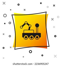 Black Mars rover icon isolated on white background. Space rover. Moonwalker sign. Apparatus for studying planets surface. Yellow square button. Vector