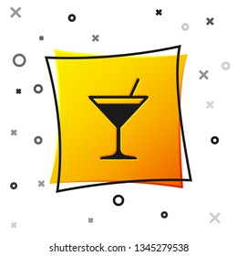 Black Martini glass icon isolated on white background. Cocktail icon. Wine glass icon. Yellow square button. Vector Illustration