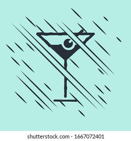 Black Martini glass icon isolated on green background. Cocktail icon. Wine glass icon. Glitch style. Vector Illustration