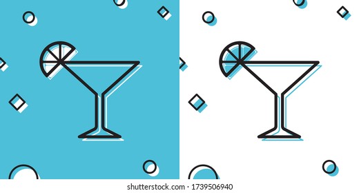 Black Martini glass icon isolated on blue and white background. Cocktail with lime symbol. Random dynamic shapes. Vector Illustration