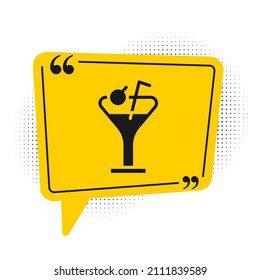 Black Martini glass icon isolated on white background. Cocktail icon. Wine glass icon. Yellow speech bubble symbol. Vector