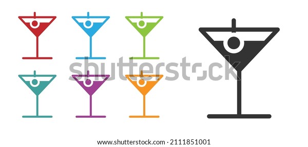 Black Martini glass icon isolated on white\
background. Cocktail icon. Wine glass icon. Set icons colorful.\
Vector Illustration