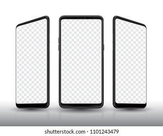 Black martphone mockup three view. Stock vector illustration for printing, web element, Game demo and application mockup.
