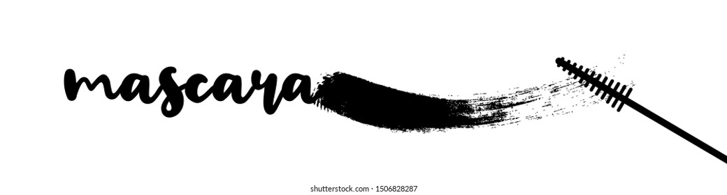 Black mascara applicator. Dirty brush stroke and text. Vector illustration, flat design