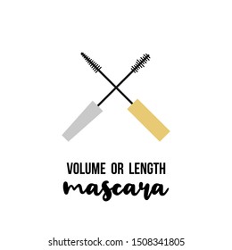 Black mascara applicator. Volume mascara vs length mascara. Vector illustration, flat design