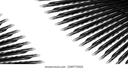 Black mascara brush strokes with black and white feather illustration featuring tree branches and palm leaves, creating a nature-inspired pattern and texture design