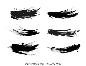 Black mascara brush trace strokes set on white. Collection grunge doodles black brush strokes. Lines textured organic path. Abstract spots, blots, splashes and scuffs. Vector illustration graphics.