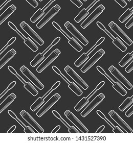 Black mascara brush. Vector in doodle and sketch style. Isolated on dark background, seamless pattern, texture