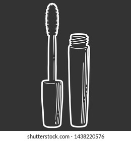 Black mascara brush. Vector in doodle and sketch style. Isolated on dark background