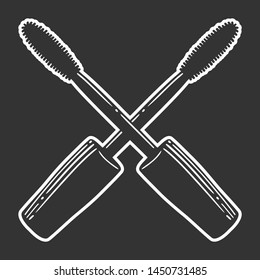 Black mascara brush. Vector in doodle and sketch style. Isolated on dark background