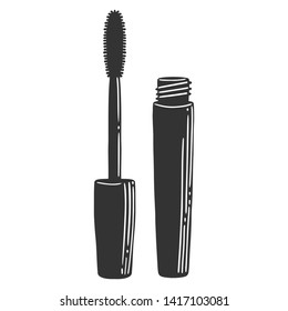 Black mascara brush. Vector in engraving and sketch style. Isolated on white background