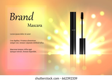 Black mascara with eyebrow brush on the delicate background of pastel tones with light and bright spots. Banner, poster, advertising. 3D vector illustration