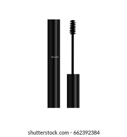 Black mascara with eyebrow brush on white background. Isolate