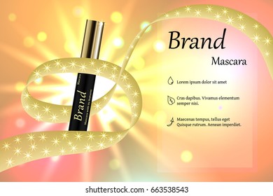 Black mascara with eyebrow brush on the delicate background of pastel tones with light and bright spots with a ribbon around it. Banner, poster, advertising. 3D vector illustration