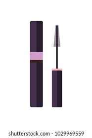 Black mascara for eyelashes with convenient brush of high quality isolated cartoon flat vector illustration. Professional makeup basic equipment.