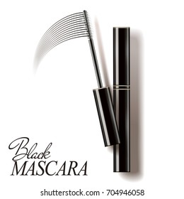 Black mascara mockup, cosmetic template in 3d illustration with brush strokes