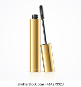 Black Mascara. Open Golden Tube. Vector illustration