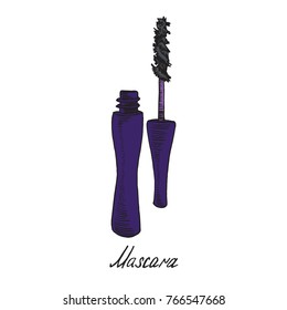 Black mascara open tube with inscription, hand drawn doodle sketch with inscription, isolated vector color  illustration