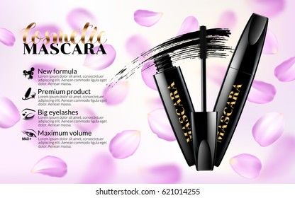 black mascara Smear of carcass on Soft Background with Falling pink petals Flowers. Excellent Advertising. Cosmetic Package Design Promotion New Product. 3D Vector Illustration.