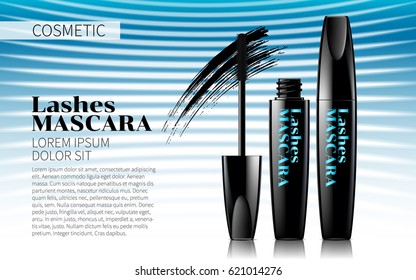 Black Mascara Smear of Carcass on Soft white line and blue Background. Excellent Advertising. Cosmetic Package Design Sale Promotion New Product. 3D Vector Illustration.