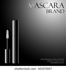 Black mascara with a white applicator for the eyelashes. VIP black with backlight background. Catalog of advertising banners. Makeup product to promote the design of packaging. 3d vector illustration.