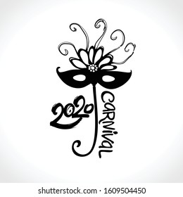 Black mask 2020 Carnival. Hand drawn vector template. Black vector pattern isolated on white.