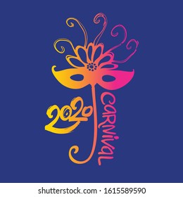 Black mask 2020 Carnival. Hand drawn vector template. Black vector pattern isolated on white.