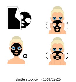 Black mask against black dots, pores, pimples. White blonde with blue eyes, shows tutorial how to apply a cometic mask. Acne, washing, skin, care, hygiene, spa. Isolated, on a white background.