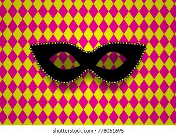 Black mask bead necklace carnival texture background. Mardi Gras - Fat Tuesday carnival carnival in a French-speaking country. Comic book cartoon vector illustration pop art.