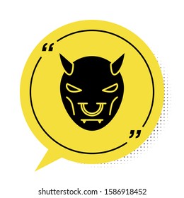 Black Mask of the devil with horns icon isolated on white background. Yellow speech bubble symbol. Vector Illustration