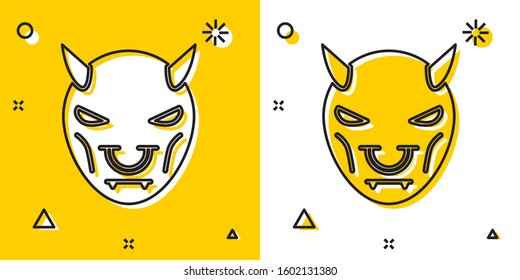 Black Mask of the devil with horns icon isolated on yellow and white background. Random dynamic shapes. Vector Illustration
