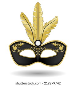 Black mask with golden feathers isolated on white