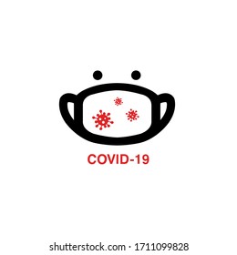Black mask icon vector with Covid-19 text and red virus vector illustration on white background 